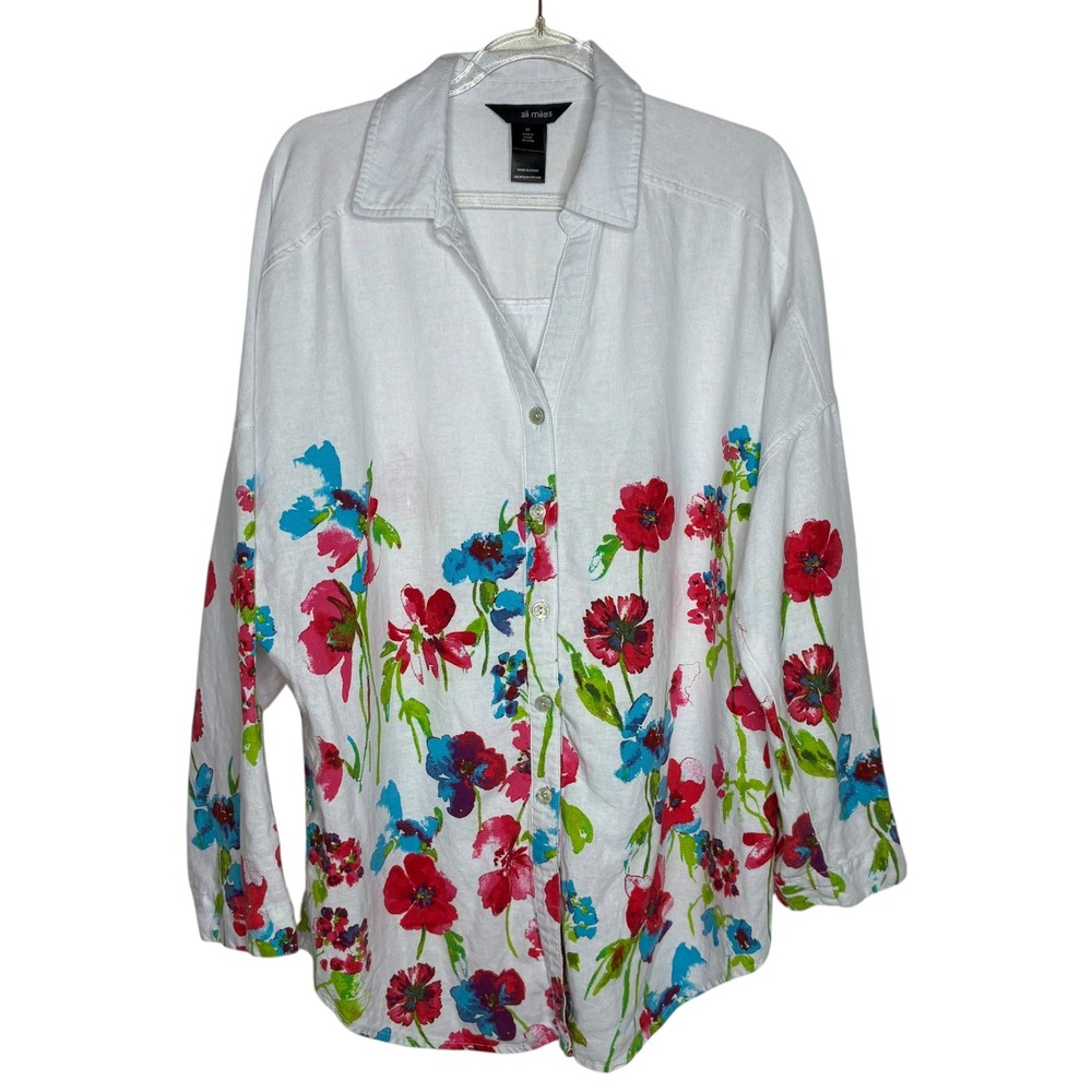 Ali Miles Women Medium Blouse White Floral Linen Blend Button Front Art To Wear